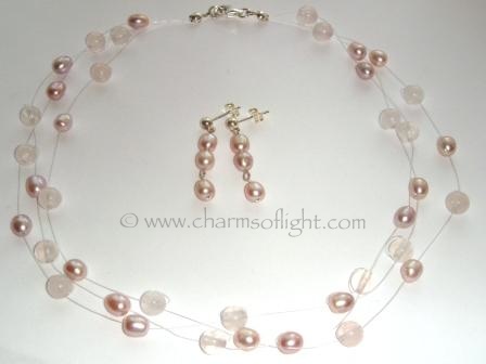 Rose Quartz & Pearl Floating Necklace with matching Pearl Earrings